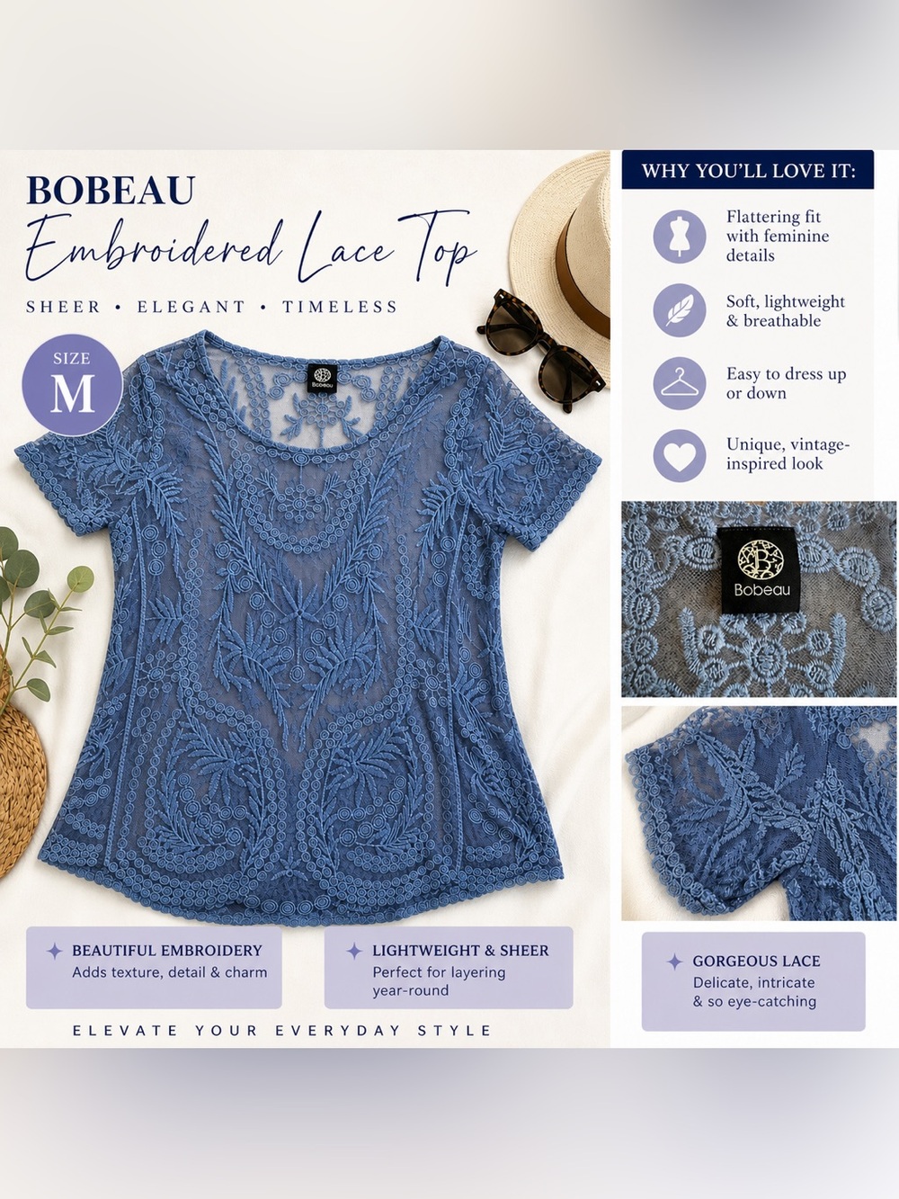 bobeau Blue Embroidered Lace Scoop Neck Short Sleeve Top